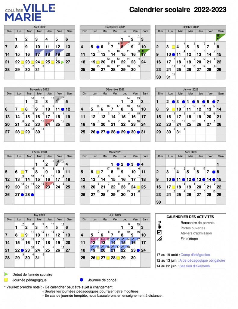 Calendrier Culturel 2023 Calendrier Scolaire 2022-2023 | Collège Ville-Marie